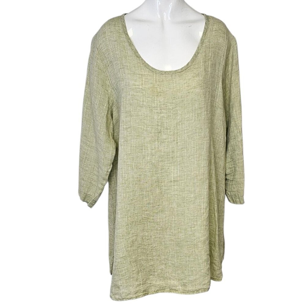 FLAX Womens 100% Linen 3/4 Sleeve Tunic Shirt, Green, lagenlook, Size M
